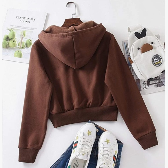 Chocolate Brown - Cropped Zip Up Hoodie - Picture 2 of 5